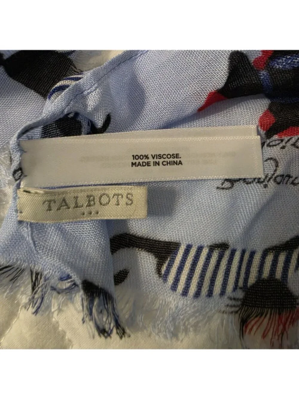 Talbots Paris Bonjour Au Revoir Dog Cat Print Scarf Blue Viscose Wrap Shawl